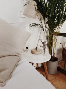 cama con una mesa y una planta