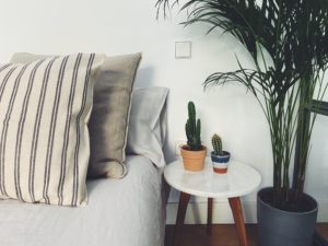 Cama con mesa y plantas