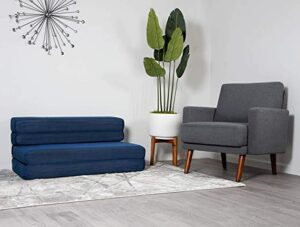 sofa cama azul y gris con una planta