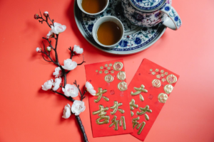 tarjetas con simbolos chinos tazas de te y tetera